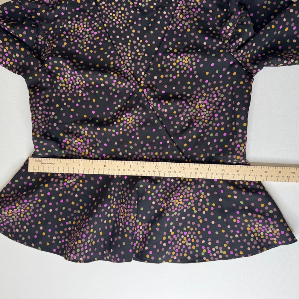 Kate Spade Polka Dot Wrap Blouse Size XS Black‎ Peplum Long Sleeve Preppy Office - Picture 8 of 8